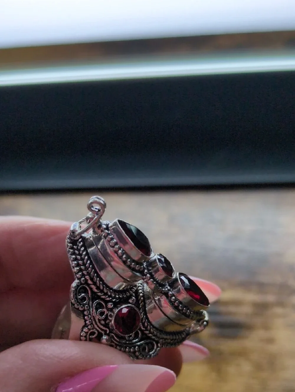 Vintage-Inspired Locket/Poison Ring with Red Garnet Stones+925 Silver
